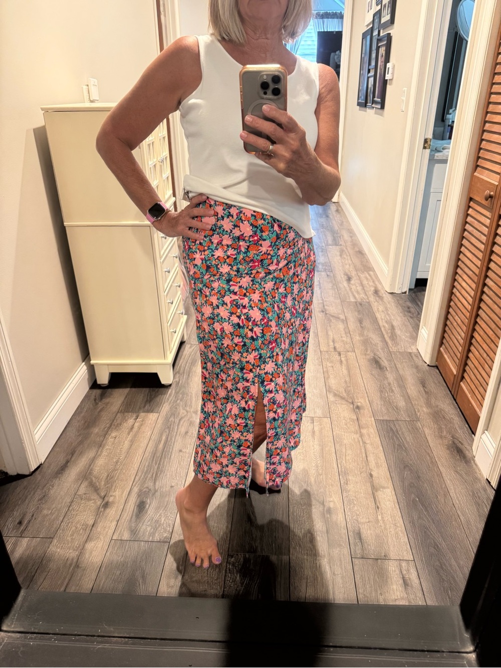 LOFT Coral Pink Floral Midi Skirt with Front Slit
